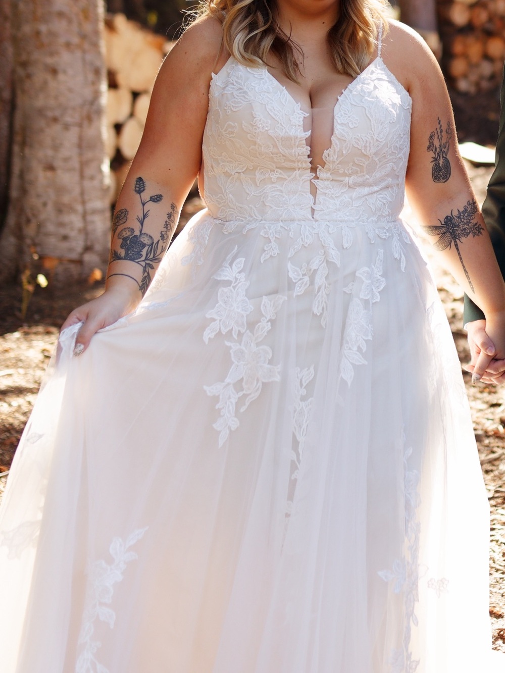 Lace Appliqué Plunge Bridal Gown in Ivory